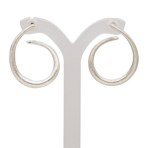 Earring, stainless steel with imitation rhodium-plated brass and "pewter" (zinc-based alloy), 29mm with scratched swirl and post. Sold per pair. image number 0