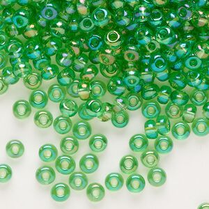 Seed bead, glass, pkg/50g, #6 round, translucent rainbow light green.