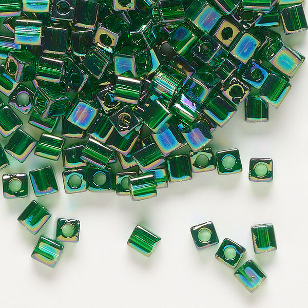 Seed bead, Miyuki 1pkg10g, glass, 3.5-3.7mm square, translucent rainbow green (SB-179) image number 0