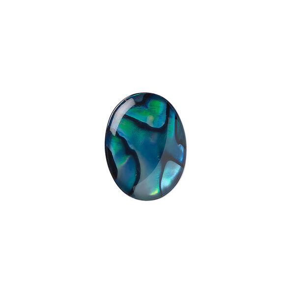 Cabochon, paua shell (coated / dyed), blue, 16x12mm calibrated oval, Mohs hardness 3-1/2. Sold per pkg of 4. image number 0