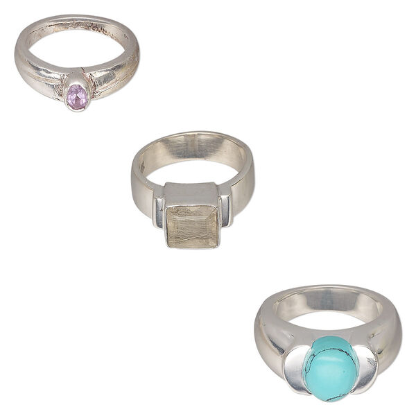 Ring mix, Create Compliments®, multi-gemstone (natural / dyed / heated / irradiated) / glass / sterling silver, multicolored, 2-12mm wide, size 4 to 4-1/2. Sold per pkg of 3. image number 0