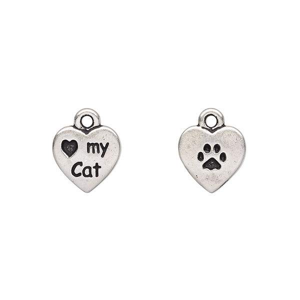 Charm, TierraCast®, antique silver-plated pewter (tin-based alloy), 10mm two-sided heart with "Love my Cat" and paw print. Sold per pkg of 20. image number 0