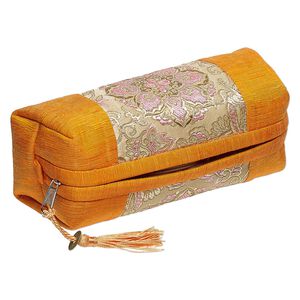 Pouch, polyester / nylon / brass-finished "pewter" (zinc-based alloy), orange / tan / multicolored, 7 x 3 x 3-inch rectangle with flower design / coin replica / tassel, zipper closure. Sold individually.