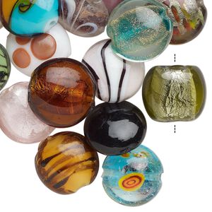 Bead mix, lampworked glass, pkg/4 ounces, opaque to transparent mixed colors with silver-colored foil and copper-colored glitter, 16-22mm puffed flat round.