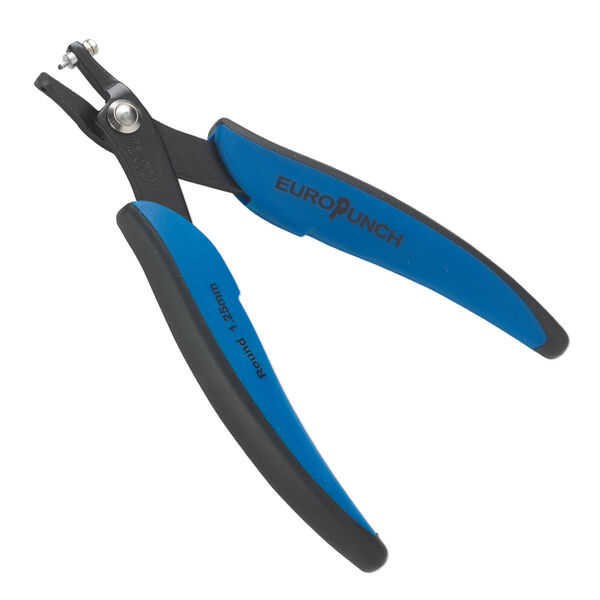 Hole punch pliers, EUROTOOL®, carbon steel and plastic, black and blue, 5-3/4 inches with 1.25mm round hole. Sold individually. image number 0