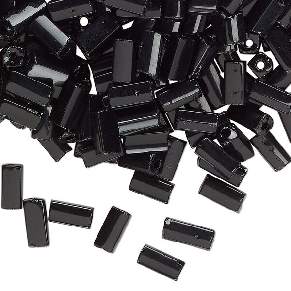Bugle bead, glass, opaque black, 7x3mm square tube. Sold per 50-gram pkg, approximately 800 beads. image number 0