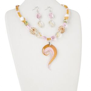 Necklace and earring set, glass and nickel-finished steel, multicolored, 70x40mm swirl focal, 18 inches with 2-inch extender chain and lobster claw clasp. Sold per set.