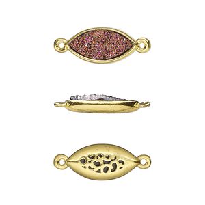 Link, Druzylite™, "druzy" (resin) and gold-finished brass, metallic purple, 16x8mm two-sided marquise with open filigree back. Sold per pkg of 4.
