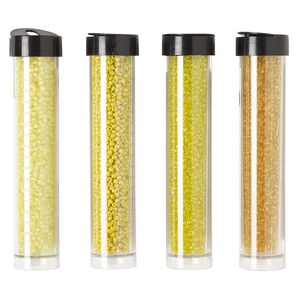 Seed bead assortment, Ming Tree™, glass, pkg/(4) 4 x 3/4 inch vials, #11 round, opaque and transparent color-lined rainbow amber yellow, yellow and cream yellow.