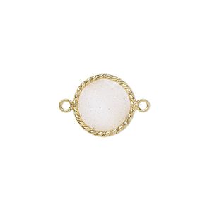 Link, druzy agate (dyed) and gold-plated sterling silver, white, 14-16mm hand-cut single-sided flat round with twisted wire design. Sold individually.