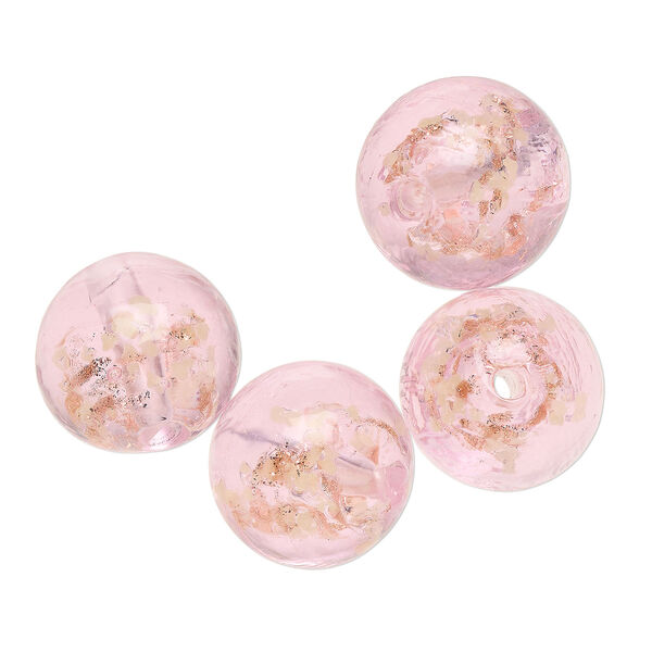 Bead, lampworked glass, clear / pink / glow-in-the-dark / gold, 14mm round. Sold per pkg of 4. image number 0