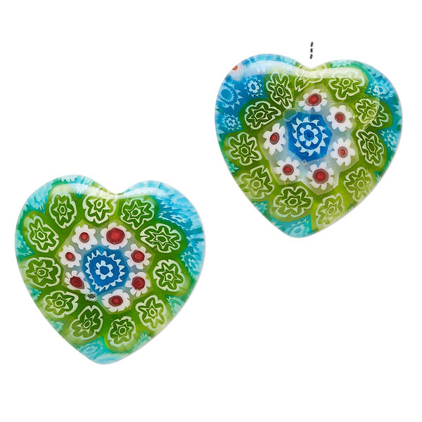 Bead, millefiori glass, translucent multicolored, 18-20mm half-drilled puffed heart with flower design. Sold per pkg of 2. image number 0