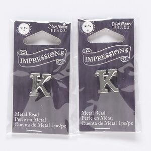 Bead, silver-finished "pewter" (zinc-based alloy), 13x12mm top-drilled alphabet letter "K" with 2mm hole. Sold per pkg of 2.