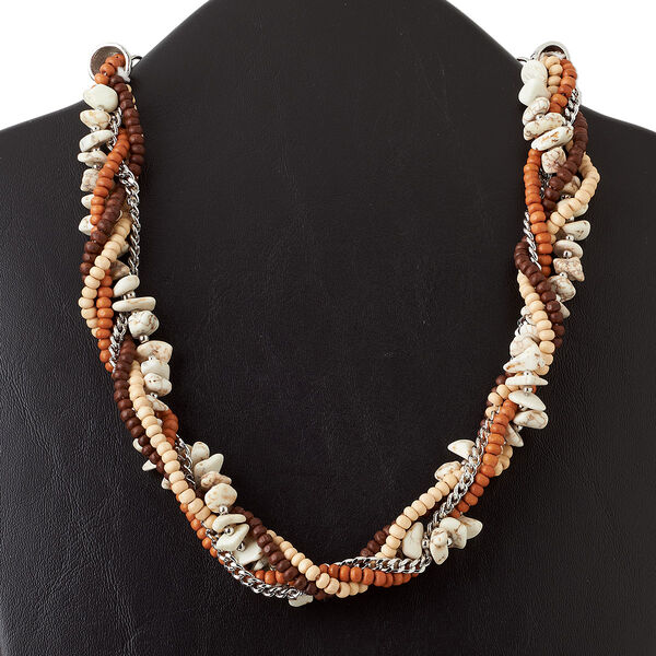 Necklace, 5-strand, white agate (dyed) / wood / silver-finished brass / steel, medium and dark brown, twisted, 21 inches with 4-inch extender chain and lobster claw clasp. Sold individually. image number 0