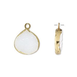Drop, white druzy agate (natural) and gold-finished sterling silver, 15x15mm single-sided teardrop. Sold per pkg of 2.