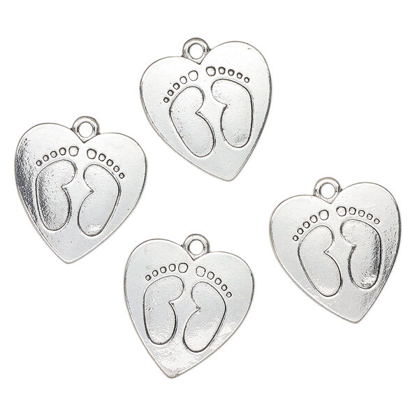Charm, antique silver-finished "pewter" (zinc-based alloy), 20mm heart with footprints. Sold per pkg of 4. image number 0