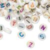 Bead mix, acrylic, white AB with multicolored alphabet, 7x4mm double-sided flat round with 1mm drill hole. Sold per pkg of 200. image number 0