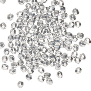 Bead 1pkg120 Czech fire-polished glass, metallic silver, 3mm faceted round.