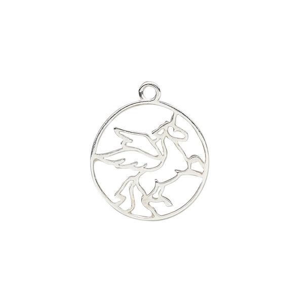 Charm, Amoracast®, sterling silver, 14.5mm double-sided open round with flying unicorn. Sold individually. image number 0