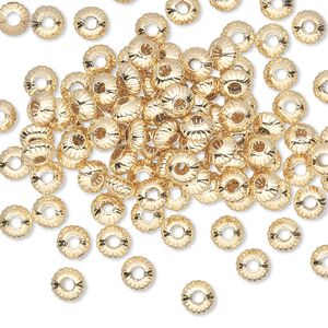 Bead, gold-plated brass, 5x3mm corrugated saucer. Sold per pkg of 100.