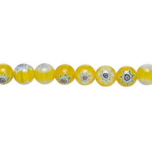 Bead, millefiori glass 1pkg1, translucent golden yellow / blue / multicolored, 6mm round, 15 inches.