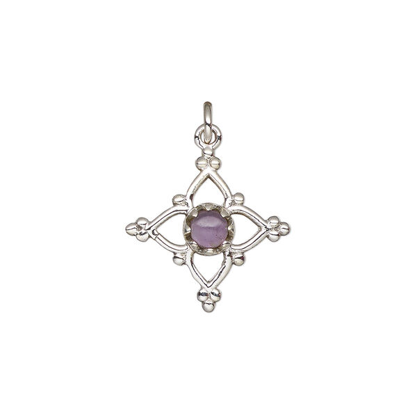 Amethyst / sterling silver 1pkg1, open beaded diamond drop natural antiqued 17x17mm image number 0