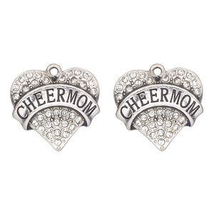 Charm, antique silver-finished "pewter" (zinc-based alloy) and glass, clear, 25x22mm heart with "cheer mom". Sold per pkg of 2.