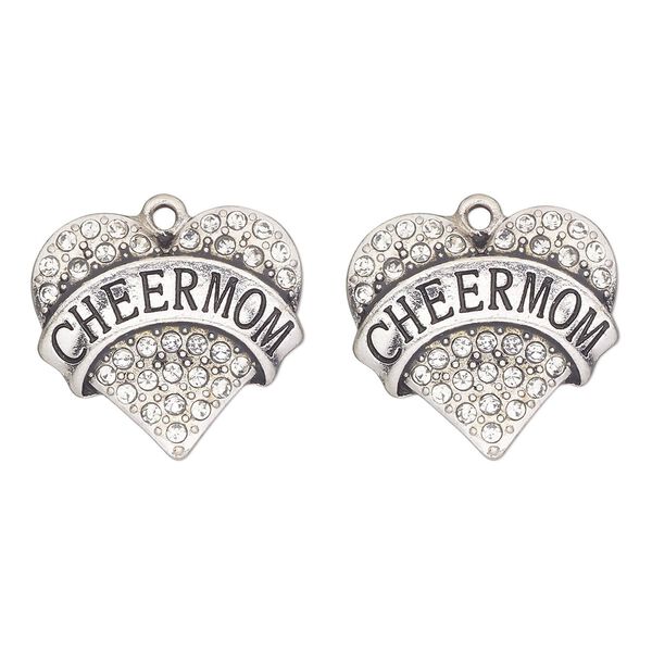 Charm, antique silver-finished "pewter" (zinc-based alloy) and glass, clear, 25x22mm heart with "cheer mom". Sold per pkg of 2. image number 0