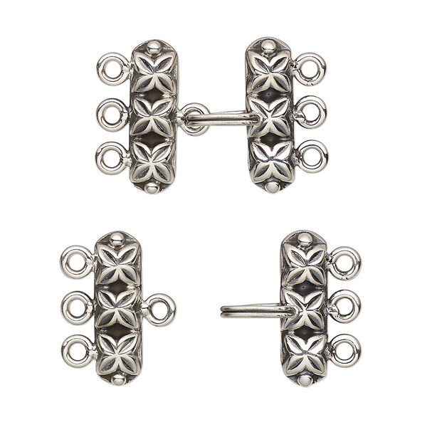 Clasp, 3-strand hook, antiqued sterling silver, 18x16mm rectangle. Sold individually. image number 0