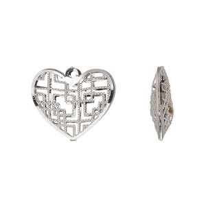 Charm, stainless steel, 18x15.5mm double-sided domed heart with textured cut-out geometric design. Sold per pkg of 6.