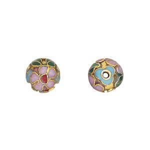 Bead, cloisonné, enamel and gold-finished copper, light blue and multicolored, 10mm round with flower design. Sold per pkg of 10.