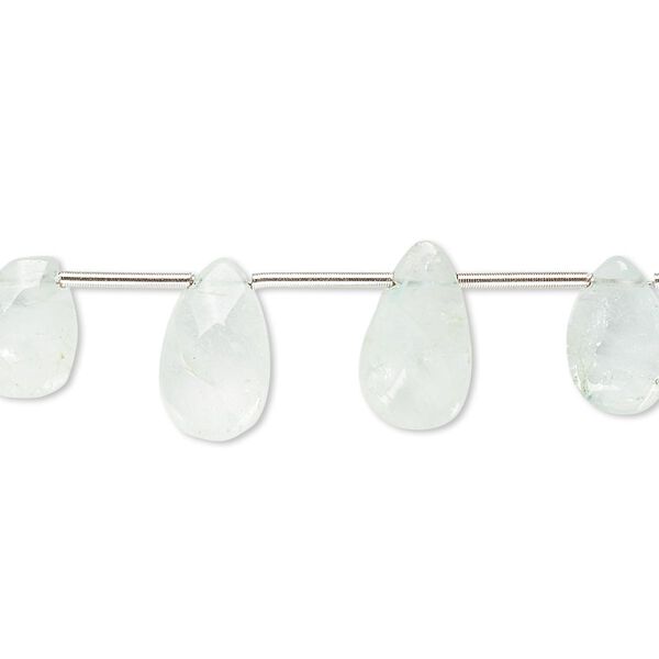Bead, green aquamarine (heated), 9x7mm-13x8mm hand-cut top-drilled faceted puffed teardrop, C- grade, Mohs hardness 7-1/2 to 8. Sold per pkg of 14 beads. image number 0