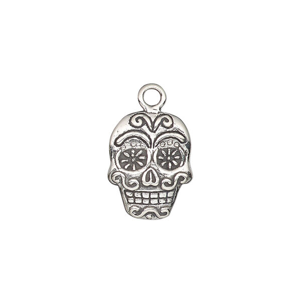 Charm, antiqued sterling silver, 15.5x12.5mm single-sided Dia de los Muertos skull with flower pattern. Sold individually. image number 0