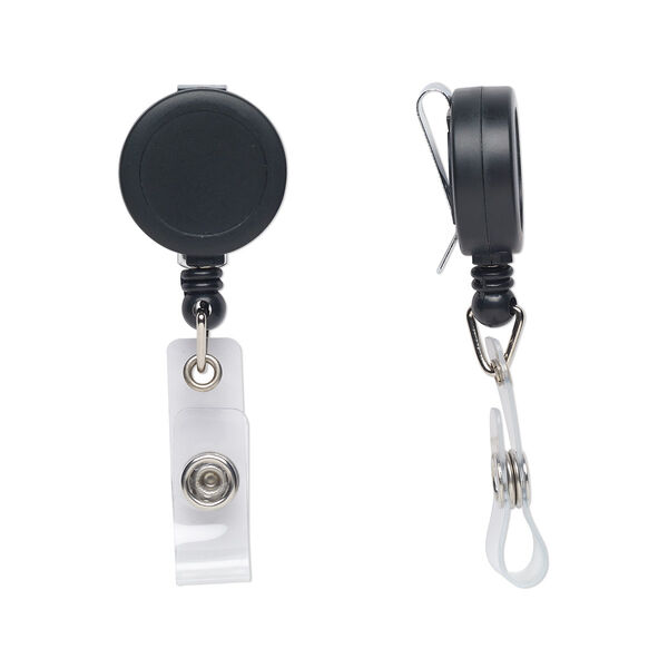 Badge reel, plastic / nylon / steel, clear and black, 3x1 inches with 2-foot retractable cord. Sold individually. image number 0