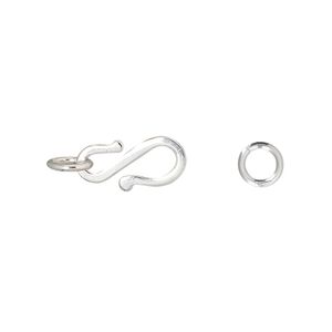 Clasp S-hook 1pkg1 sterling silver, 14x7mm flat / 6mm closed jump ring, 1-strand