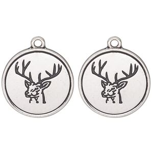Drop, antique silver-finished "pewter" (zinc alloy) and enamel, black, 21mm single-sided round with elk head design. Sold per pkg of 2.