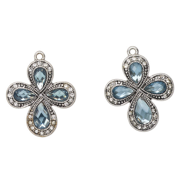 Drop, antique silver-finished "pewter" (zinc-based alloy) and glass, clear and aqua blue, 29x26mm cross. Sold per pkg of 2. image number 0