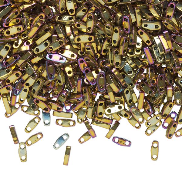 Seed bead, TILA®, glass, pkg/5g, 5x1.2mm quarter tila rectangle, opaque metallic gold iris purple, (QTL-188). image number 0