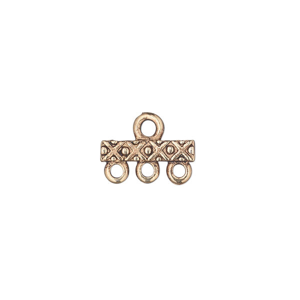 End bar, antique gold-finished "pewter" (zinc-based alloy), 14x3mm single-sided rectangle with and "X" and dots, 3 loops. Sold per pkg of 20. image number 0