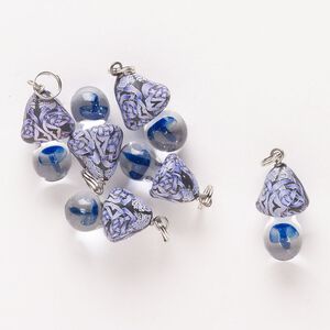 Drop, silver-finished steel / brass / glass / polymer clay, multicolored, 21x13mm-25x16mm mushroom. Sold per pkg of 6.