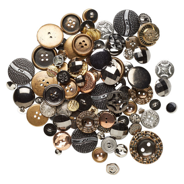 Button mix, resin and acrylic, mixed metallic colors, 8-50mm mixed shape. Sold per 1/4 pound pkg, approximately 95 to100 buttons. image number 1