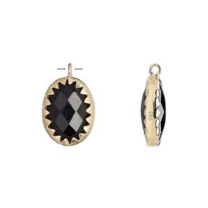 Drop, black onyx (dyed) and gold-finished sterling silver, 15x11mm double-sided faceted oval. Sold individually.