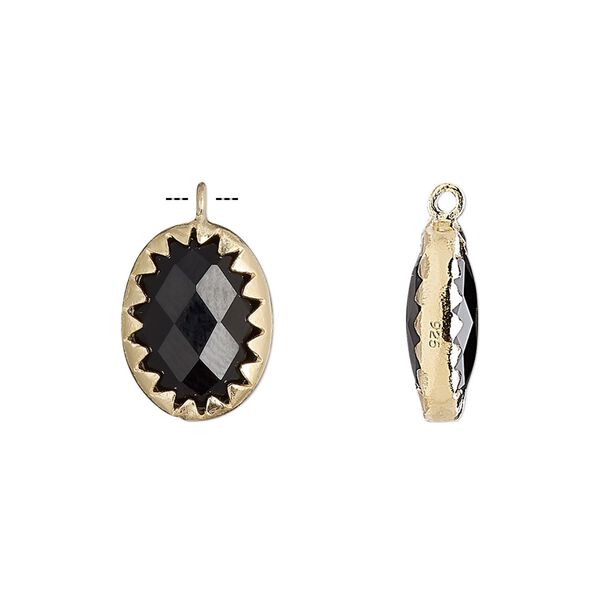 Drop, black onyx (dyed) and gold-finished sterling silver, 15x11mm double-sided faceted oval. Sold individually. image number 0
