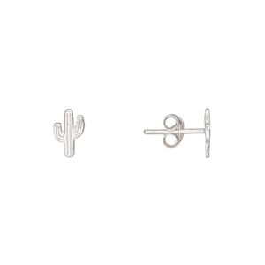 Earstud, Create Compliments®, sterling silver, 8.5x5.5mm cactus. Sold per pair.