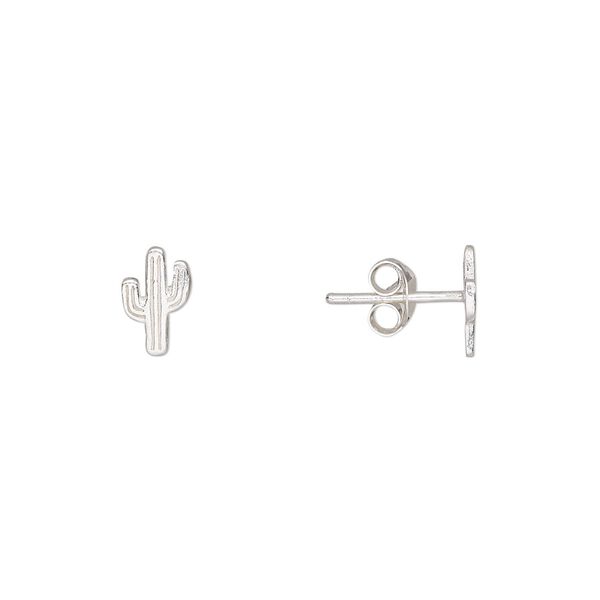 Earstud, Create Compliments®, sterling silver, 8.5x5.5mm cactus. Sold per pair. image number 0