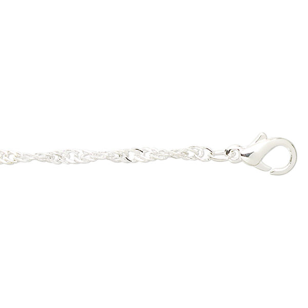 Chain, silver-plated brass, 1mm Singapore, 18 inches with 1-inch extender chain and lobster claw clasp. Sold per pkg of 4. image number 0