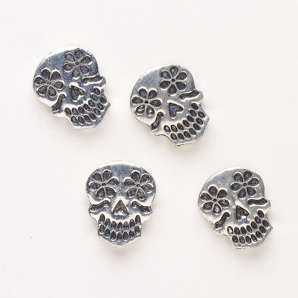 Bead, "pewter" (zinc-based alloy), pkg/4, 22x18mm sugar skull, antique silver finish. image number 0