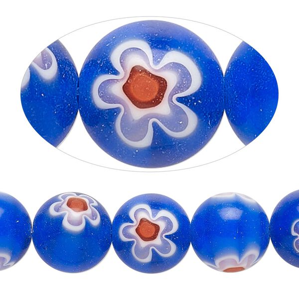 Bead, millefiori glass, translucent cobalt blue / red / white, 11-13mm round. Sold per 14-inch strand. image number 0
