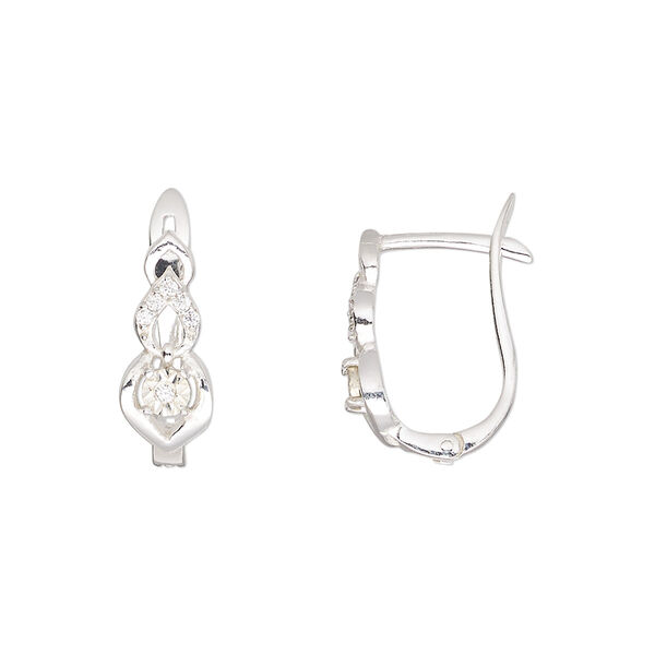 Earring, Create Compliments®, sterling silver and cubic zirconia, clear, 16x11mm leverback with hinged closure. Sold per pair. image number 0