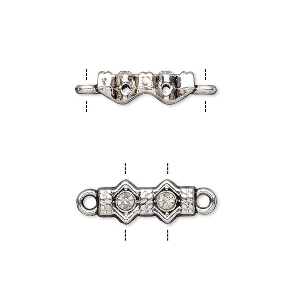 Link, glass rhinestone and antique silver-finished "pewter" (zinc-based alloy), clear, 14x7mm double-drilled bar with diamond design. Sold per pkg of 10. image number 0